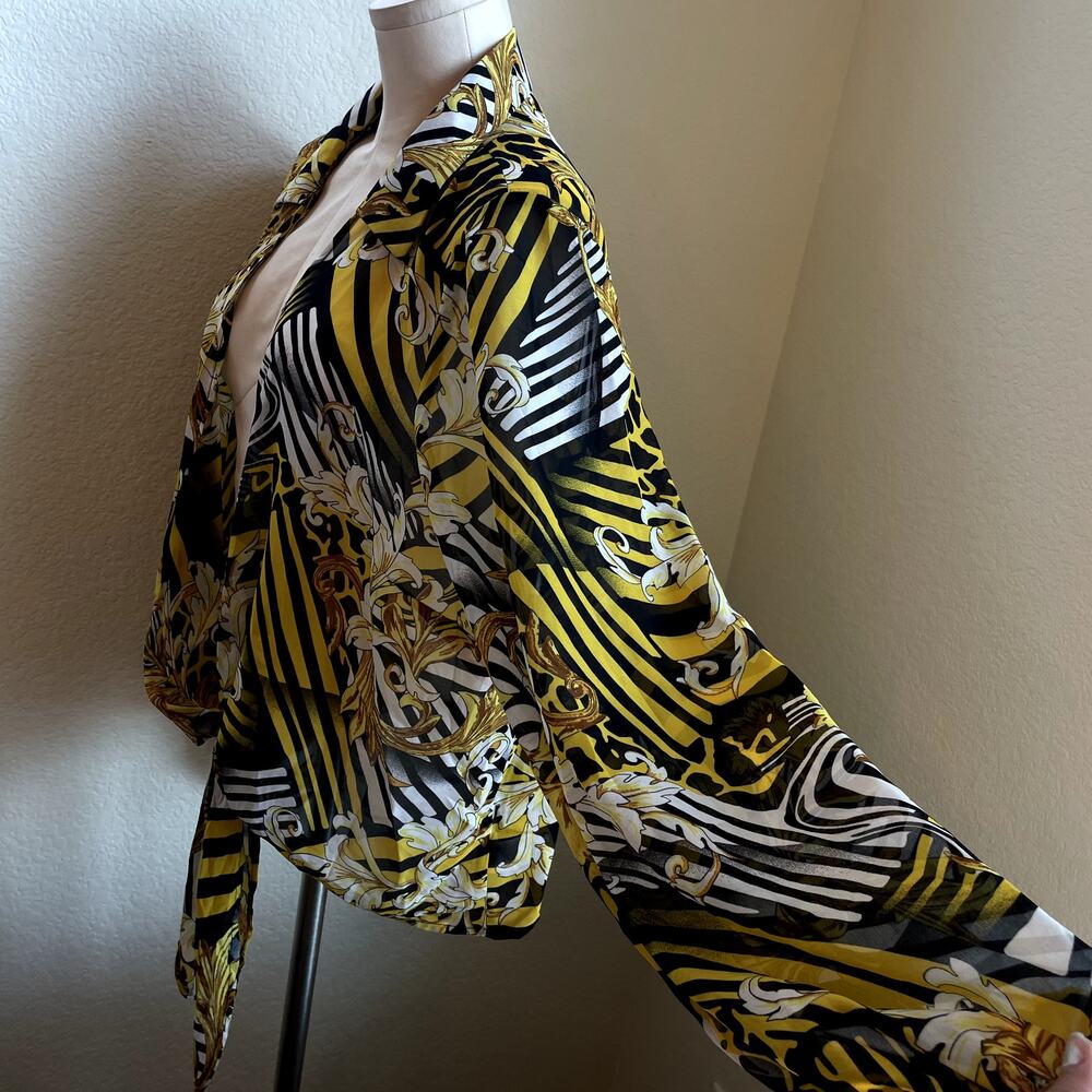 Love J yellow Black Baroque print chiffon sheer long sleeve blouse women plus 2X - Picture 7 of 8